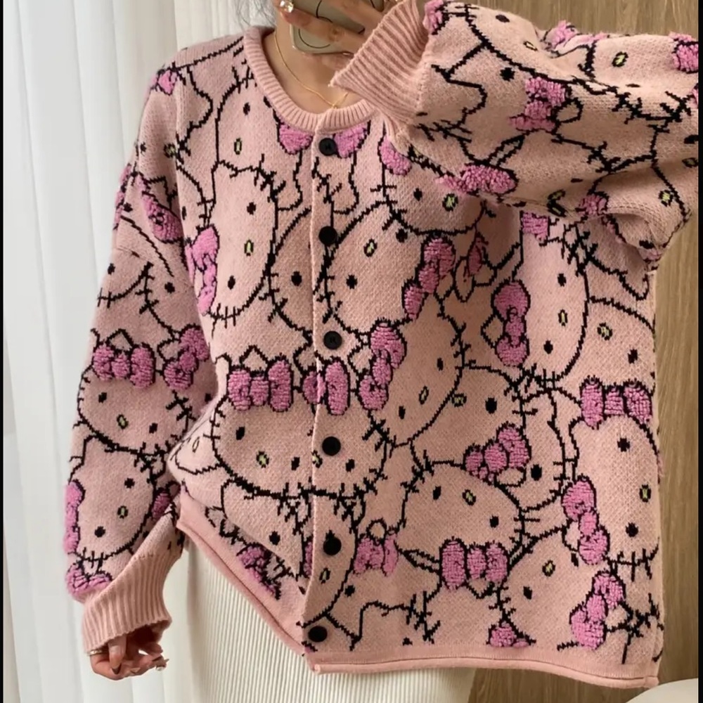 🆕 Hello Kitty - Sanrio Chic Cartoon Cat Knit Cardigan for Women - Oversized 😻